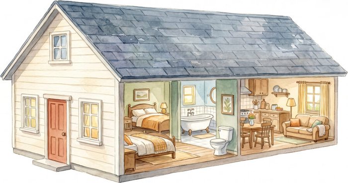 Watercolour cutaway of a house showing every room inside