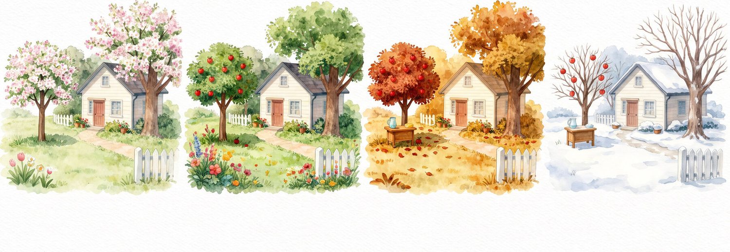 Watercolour of the same cottage in spring, summer, autumn and winter