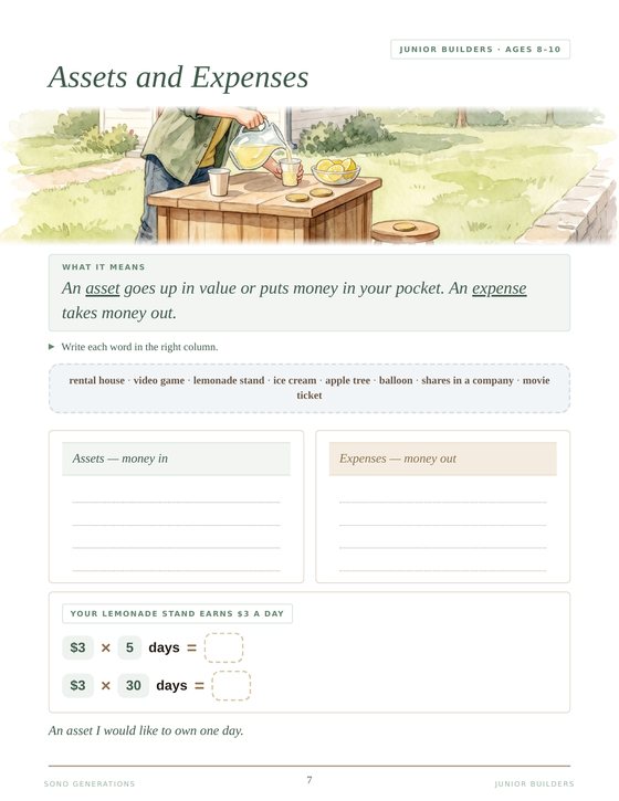 The Assets and Expenses page from Junior Builders