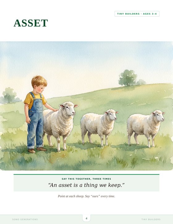 The ASSET page from Tiny Builders, a watercolour of sheep in a field