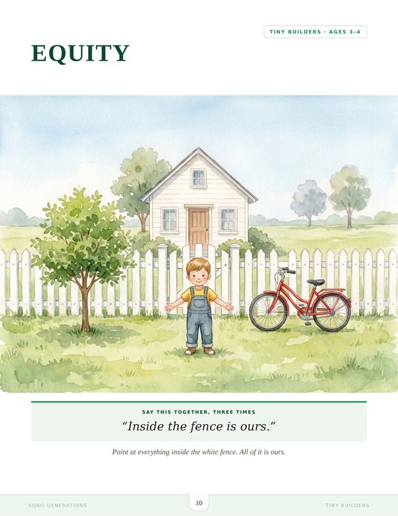 The EQUITY page from Tiny Builders, a watercolour of a house and garden behind a white fence
