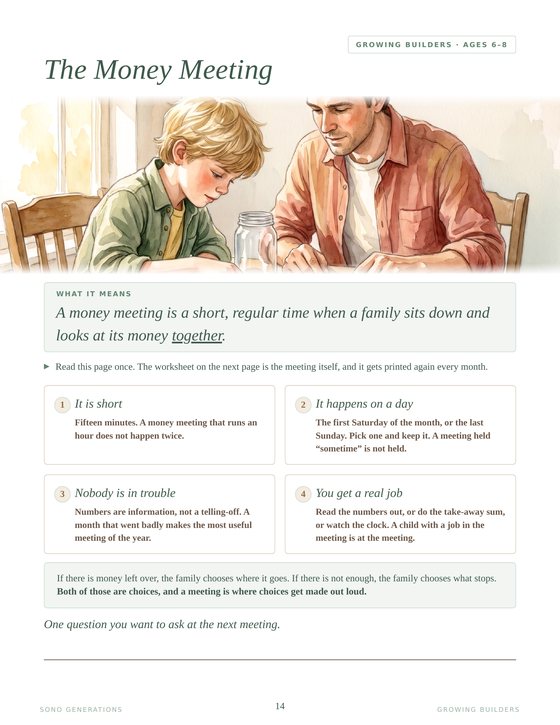 The Money Meeting page from Growing Builders