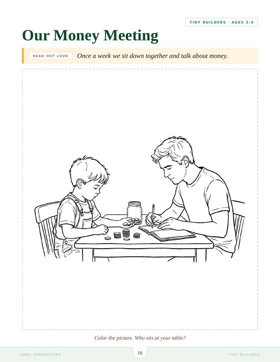 The Our Money Meeting page from Tiny Builders, a line drawing of a parent and child at a table, ready to colour