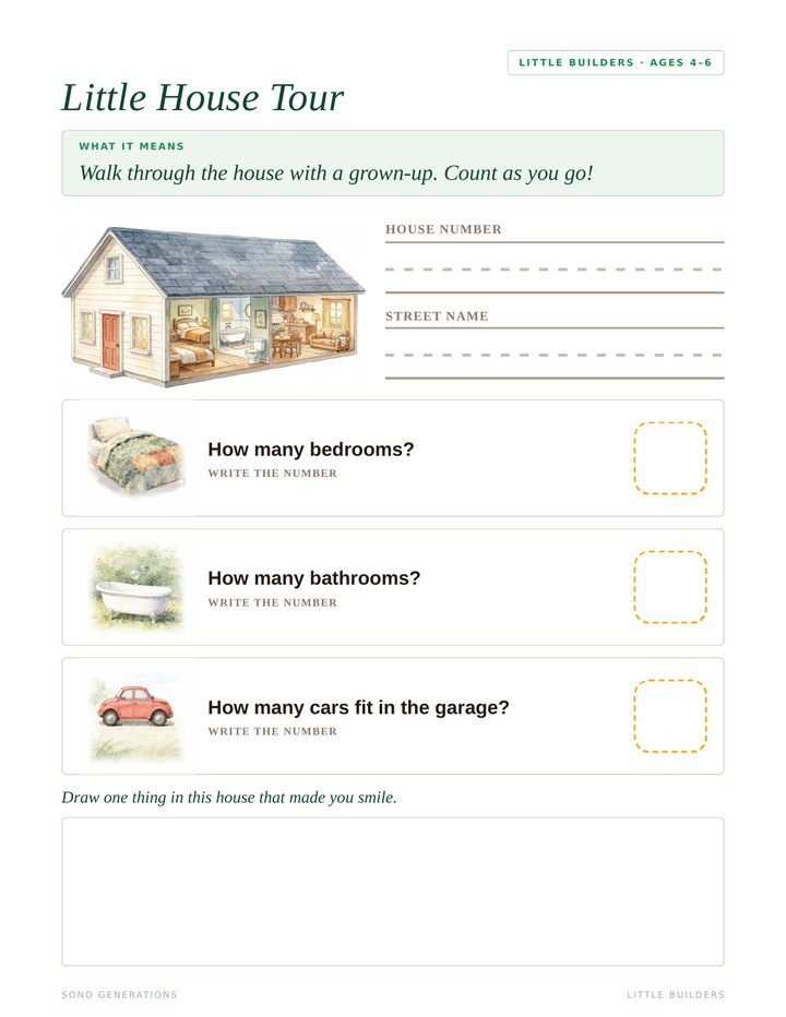 The Little House Tour page, a worksheet for counting rooms at an open house